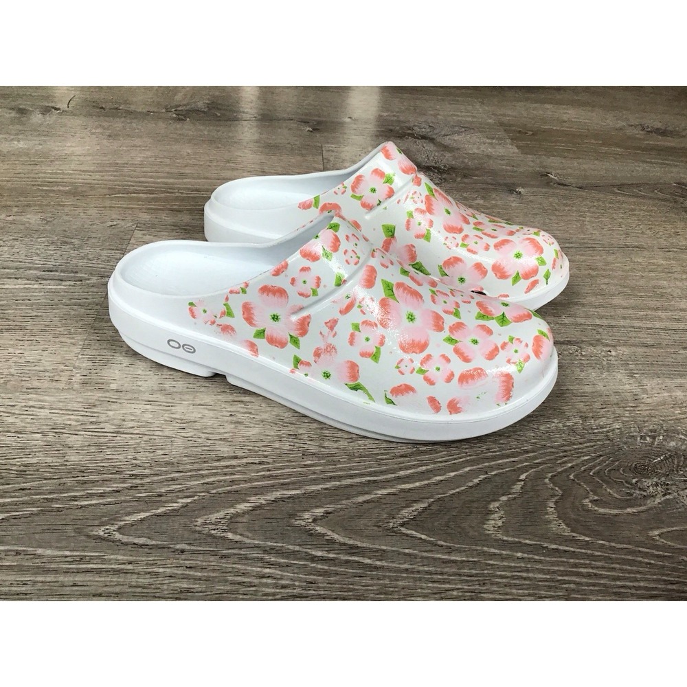 OOFOS OOcloog Clog Womens 11 42 White Floral Print Beach Slip On Sandals Clogs